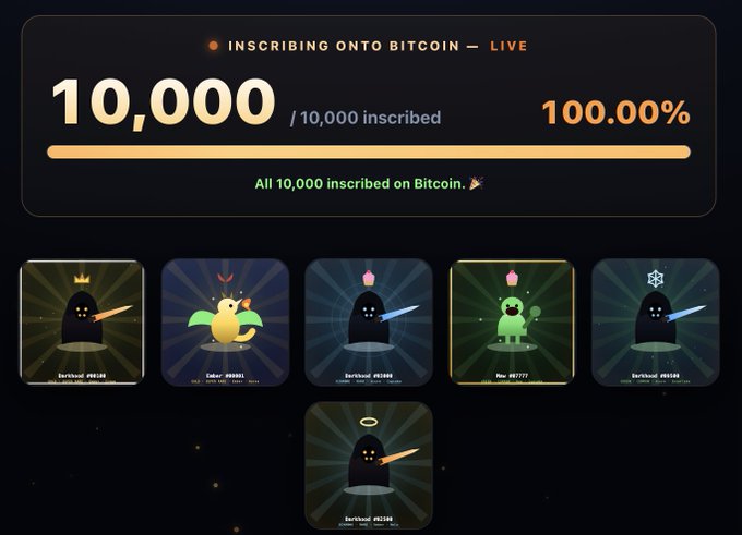 A dark-themed dashboard celebrates the completion of the "Spawnhood" 10,000-piece inscription collection on Bitcoin Ordinals, displaying "10,000 / 10,000 inscribed" at 100.00% with the message "All 10,000 inscribed on Bitcoin." Below, six sample character cards showcase the hooded figures (#0110, #0081, #0160, #7777, #0140, and #0340) that make up the collection, visually supporting the post's announcement of the fully inscribed Evm0rd protocol project.