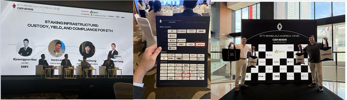A triptych showing a Genesis panel discussion on 'STAKING INFRASTRUCTURE: CUSTODY, YIELD, AND COMPLIANCE FOR ETH,' a smartphone displaying NFT properties, and attendees holding branded shopping bags.