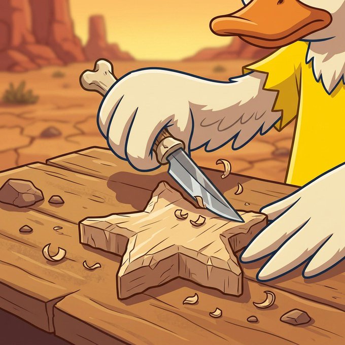 Cartoon illustration of a duck character wearing a yellow shirt, carving a star shape out of wood with a knife on a wooden table in a desert setting.