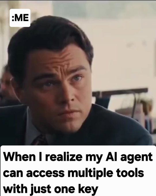 A meme featuring Leonardo DiCaprio as Jordan Belfort from The Wolf of Wall Street with a skeptical expression, labeled ":ME" at the top and captioned "When I realize my AI agent can access multiple tools with just one key" at the bottom.