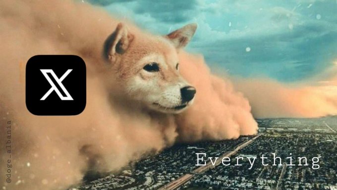 A digital artwork featuring a Shiba Inu dog emerging from a cloud, with the X logo and the word 'Everything' overlaid on a city background, credited to @doge_albania.