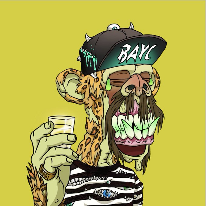 A cartoon illustration shows a mutant leopard-like character wearing a 'BAYC' cap and striped shirt, holding a glass against a yellow background.