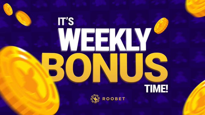 A promotional graphic with gold coins reads 'IT'S WEEKLY BONUS TIME!' branded with the Roobet logo on a purple background.