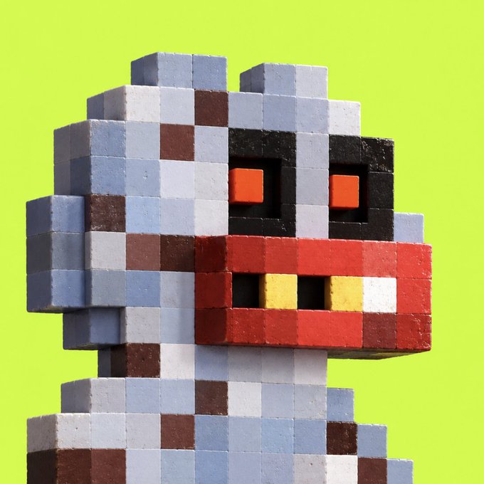 A voxel-style block sculpture resembling a duck or chicken character with red eyes, a red beak, and yellow teeth against a bright green background.