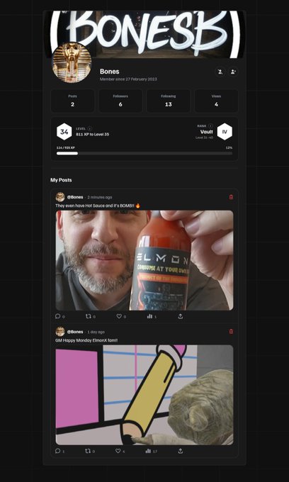 A screenshot of a social media profile named '(BONESB)' with the username 'Bones' joined on 27 February 2023, showing posts including a man holding an 'EL MON' sauce bottle and a humorous image captioned 'Old Happy Monday Knock turn!!'.