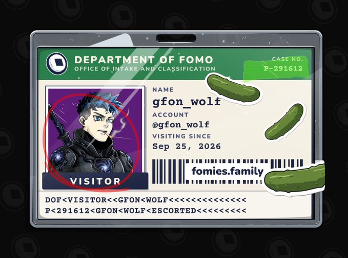A digital ID card from the 'Department of FOMO' (Office of Intake and Classification) for user 'gfon_wolf' with account @gfon_wolf, visiting since Sep 25, 2026, featuring an anime-style avatar illustration decorated with pickle stickers.