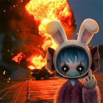 A whimsical character with blue hair and a bunny-eared hood makes a peace sign in front of a large explosion with a car silhouetted against the flames.