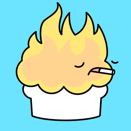 A cartoon illustration of a yellow cupcake or dessert with flame-like frosting and a lit cigarette in its mouth, set against a turquoise background.