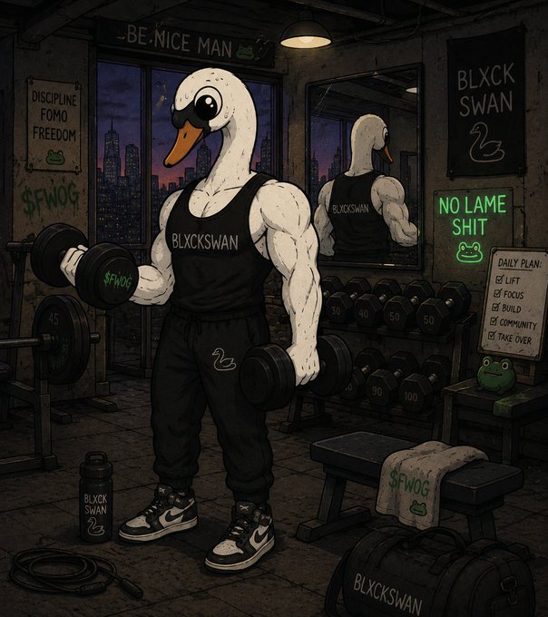 An illustration depicts a muscular anthropomorphic swan lifting dumbbells in a gritty gym, surrounded by "BLXCKSWAN," "$FWOG," and "BE NICE MAN" signage, a "DAILY PLAN: LIFT, FOCUS, BUILD, COMMUNITY, TAKE OVER" checklist, and a frog mascot. The image's themes of daily discipline, loyalty, and earning trust through consistent effort visually reinforce the post's message that "loyalty should be earned daily."
