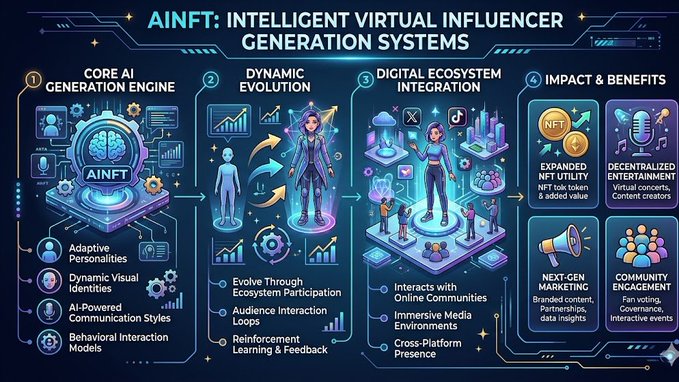 The image features a detailed infographic that explains the concept of intelligent virtual influencer generation systems, also known as AI-generated personalities or virtual influencers. The infographic showcases three different types of virtual influencers - Core AI, Dynamic ecosystem integration, and Digital ecosystem integration - each with their own unique characteristics and benefits. These virtual influencers are designed to interact with online communities through immersive media environments, providing value and engagement for both the influencer and the audience.