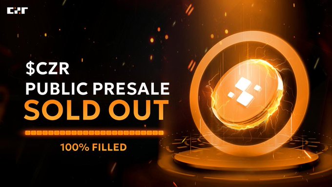 A promotional graphic announcing the '$CZR Public Presale SOLD OUT' with '100% FILLED' and a glowing orange CZR token emblem.