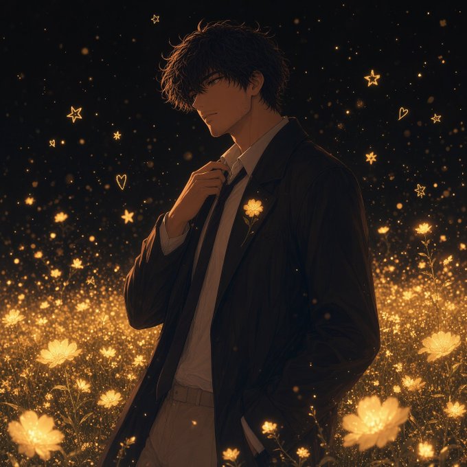 Anime-style illustration of a dark-haired young man in a suit adjusting his tie, surrounded by glowing golden flowers and stars in a field at night.