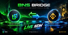 Promotional banner for 'BNS BRIDGE - BNS Chain' featuring BNS Network and BNS Smart Chain logos with a 'LIVE NOW' indicator.