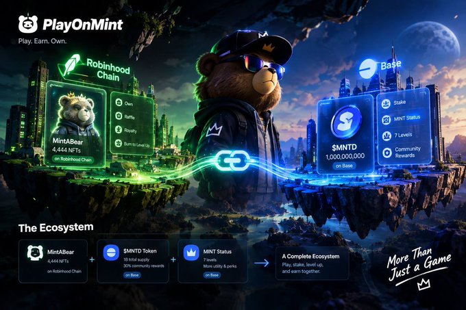 A promotional graphic for PlayOnMint featuring a bear mascot wearing sunglasses, showcasing MintABear on Robinhood Chain and $MNTD on Base ecosystem.