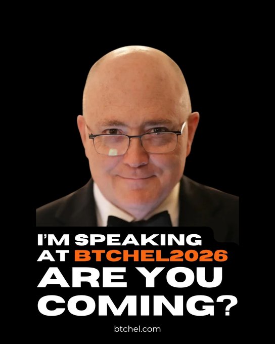 A promotional poster featuring a bald man with glasses smiling against a black background, with text reading 'I'M SPEAKING AT BTCHEL2026 ARE YOU COMING? btchel.com'.