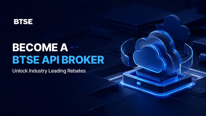 A digital advertisement for BTSE featuring the text 'BECOME A BTSE API BROKER' and 'Unlock Industry Leading Rebates', next to a glowing blue 3D cloud icon.