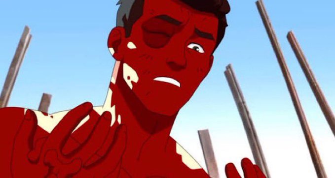 An animated scene showing a character covered in red liquid/splatter with a distressed expression, surrounded by wooden stakes against a blue sky background.