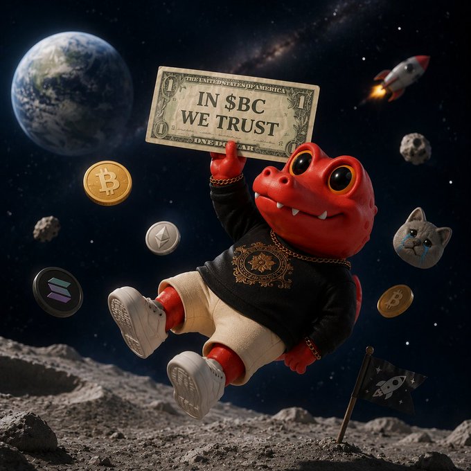 A 3D-rendered red lizard-like character floating in space holding a dollar bill reading 'IN $BC WE TRUST', surrounded by cryptocurrency coins (Bitcoin, Ethereum, Solana) against a backdrop of Earth, the moon, and a rocket.