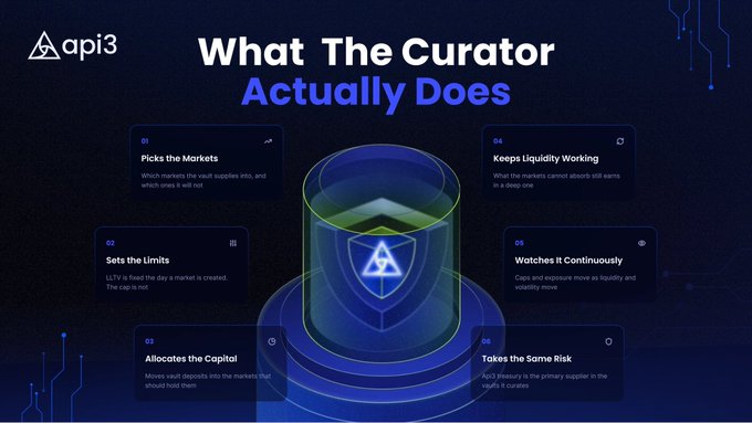 An infographic titled 'What The Curator Actually Does' for 'api3', showing a central cylindrical graphic surrounded by six boxes detailing functions like 'Picks the Markets', 'Sets the Limits', and 'Takes the Same Risk'.