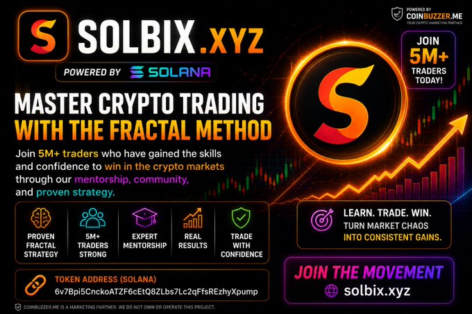 A promotional graphic for SOLBIX.XYZ, a Solana-powered crypto trading platform marketed by CoinBuzzer.me, featuring the tagline "MASTER CRYPTO TRADING WITH THE FRACTAL METHOD" and claiming 5M+ traders, alongside the Solana token address "6v7Bpi5CnckoATZF6cEtQ8ZLbs7Lc2qFfsREzhyXpump." The ad complements the post's push about top cryptocurrency picks by directing users to join the SOLBIX movement at solbix.xyz.