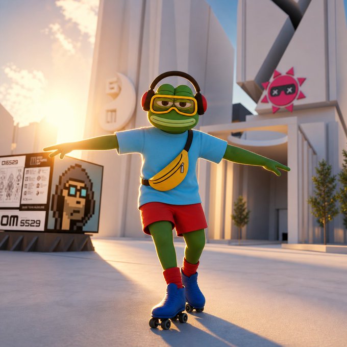 A 3D-rendered Pepe the Frog character wearing roller skates, a blue shirt, red shorts, headphones, and a banana-shaped fanny pack stands in a T-pose in an urban plaza setting with a digital billboard in the background.