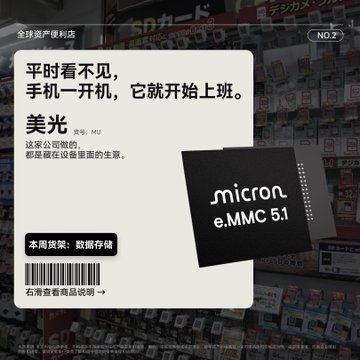 The image is a promotional graphic from OKX's "Global Asset Convenience Store" series, featuring a Micron e.MMC 5.1 chip with Chinese text reading "平时看不见，手机一开机，它就开始上班" (Normally unseen, it starts working as soon as your phone turns on), highlighting Micron (美光/MU) as a key storage component in smartphones within the data storage category, directing viewers to scan the code to open an OKX account for 24/7 global asset trading.