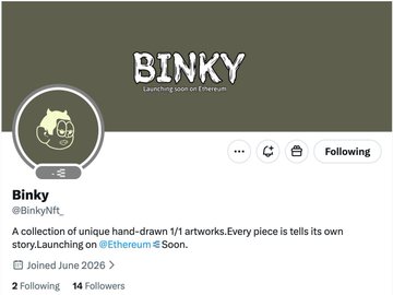 The image shows a social media post from a user named @BinkyNft, which appears to be about an art project or collection. The post includes a list of followers who have contributed to the project, along with a description of the artwork they've created. The post also mentions that the project is still in progress and has been launched on Ethereum.