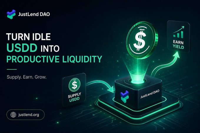 A JustLend DAO promotional banner encouraging users to turn idle USDD into productive liquidity by supplying to earn yield at justlend.org.