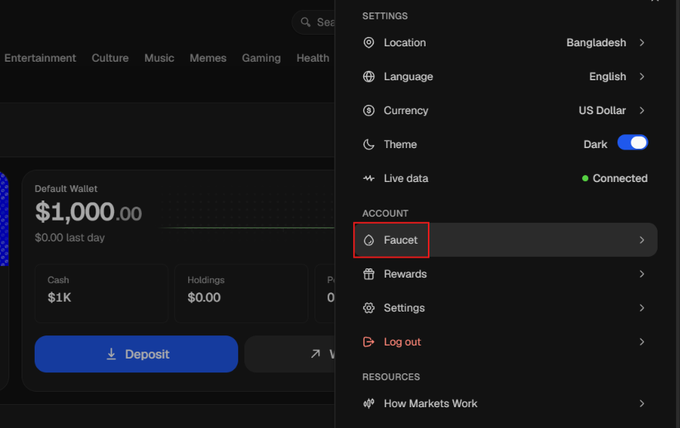 A screenshot of the Morfi Markets platform's settings menu displaying options like Location, Language, Currency (US Dollar), Theme (Dark), and Live data, with the "Faucet" option highlighted in the Account section, alongside a Default Wallet balance of $1,000.00, illustrating the Devnet faucet claim feature mentioned in the post.