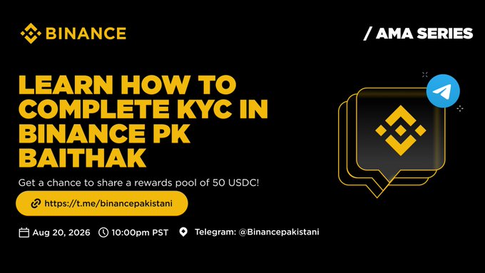A promotional graphic for a Binance AMA Series event titled "Learn How to Complete KYC in Binance PK Baithak," offering participants a chance to win from a 50 USDC rewards pool, with the session scheduled for August 20, 2026 at 10:00pm PST. The image aligns with the post by highlighting the educational Telegram Baithak featuring step-by-step KYC guidance and live Q&A hosted by Binance Angels and the PK team.
