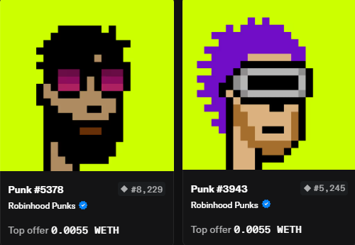 Two CryptoPunks-style digital avatars, Punk #5378 (black hair, beard, pink sunglasses) and Punk #3943 (purple hair, VR goggles), are displayed as part of a Robinhood Punks giveaway promotion. Both show a top offer of 0.0055 WETH, with the post inviting users to drop their address to receive one of the two NFTs.