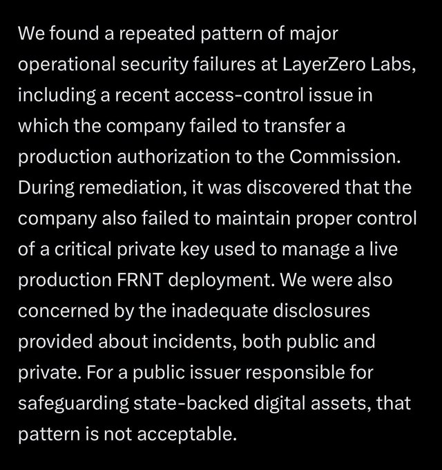 A block of text discussing operational security failures at LayerZero Labs, including access-control issues, a compromised production FRNT deployment, and inadequate public disclosures.