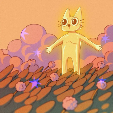 A glowing yellow cat-like figure stands atop a vibrant field of orange pods and pink blossoms under a starry purple sky, evoking whimsical emotion and wonder.

The image's emotive, dreamlike artwork illustrates the post's argument that compelling creations—like Cets—capture attention by making people *feel* something, rather than relying solely on hype.