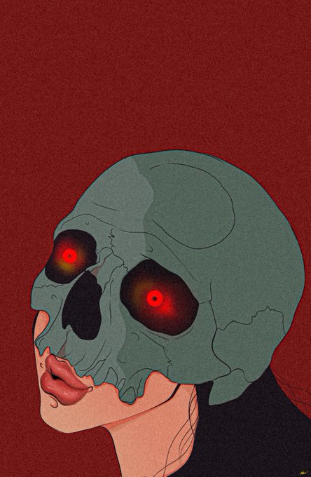 A digital illustration of a person wearing a skull-like mask with glowing red eyes against a dark red background.