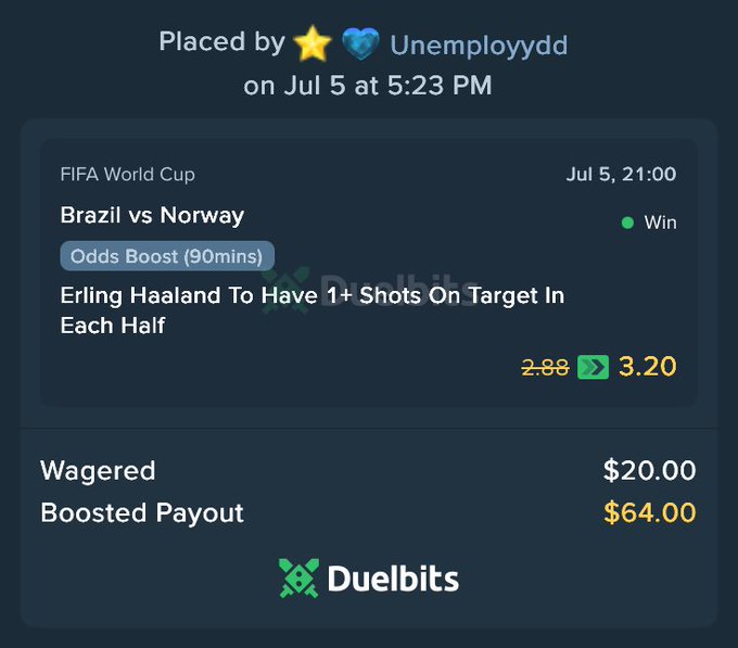 The image shows a winning Duelbits sports bet placed by "Unemployydd" on July 5 for the FIFA World Cup match Brazil vs Norway, featuring a boosted odds wager on "Erling Haaland To Have 1+ Shots On Target In Each Half" that paid out $64.00 on a $20.00 wager, supporting the post's celebration of Haaland's unstoppable performance.