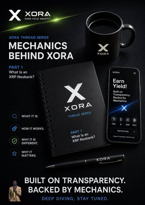 The image is a promotional graphic for XORA's Thread Series titled "Mechanics Behind XORA," with a spiral notebook, black XORA-branded mug and pen, and a smartphone displaying an "Earn Yield!" screen against a dark background.

It visually reinforces the post's message by showcasing XORA's XRP Neobank interface, emphasizing the tagline "Built on Transparency. Backed by Mechanics." to promote yield-earning on XRP via the @xora_finance platform.