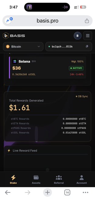 A mobile screenshot of the basis.pro website showing a Solana staking dashboard with $36 staked, $1.61 in total rewards generated, and 24h -3.49% performance.
