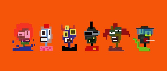 Six pixel-art characters arranged in a row against an orange background, resembling stylized heroes and villains from an animated series.