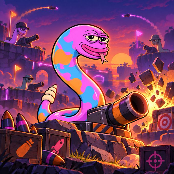 A vibrant psychedelic digital illustration of a pink and blue caterpillar-like creature with a smug expression operating a cannon amid explosions, with smaller worm characters wearing caps and sunglasses in the background.