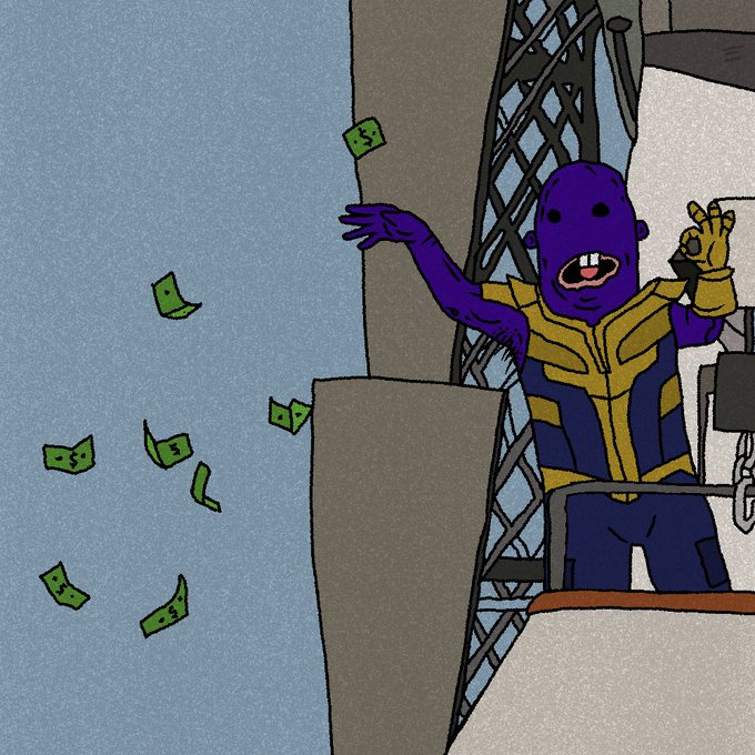 A purple-masked figure in yellow and blue armor joyfully scatters dollar bills into the wind from a balcony, echoing the poster's exuberant declaration of returning to mint and collect from various NFT projects like CyberKongz and quirky NFTs.
