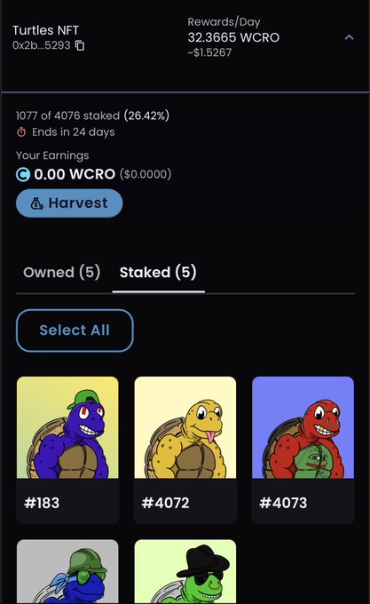 Crypto wallet interface showing Turtles NFT staking page with 1077 of 4076 staked (26.42%), displaying turtle NFTs #183, #4072, #4073 and others.