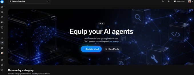 A dark-themed web interface displays 'Equip your AI agents' with options to 'Register a Tool' or 'Saved Tools' under a 'BETA' tag.