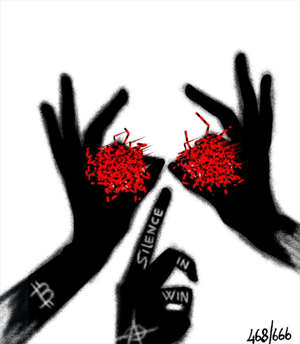 An artistic illustration showing silhouetted hands holding shattered red hearts, with one finger reading 'SILENCE' and another displaying 'WIN', along with '468/666' in the corner.