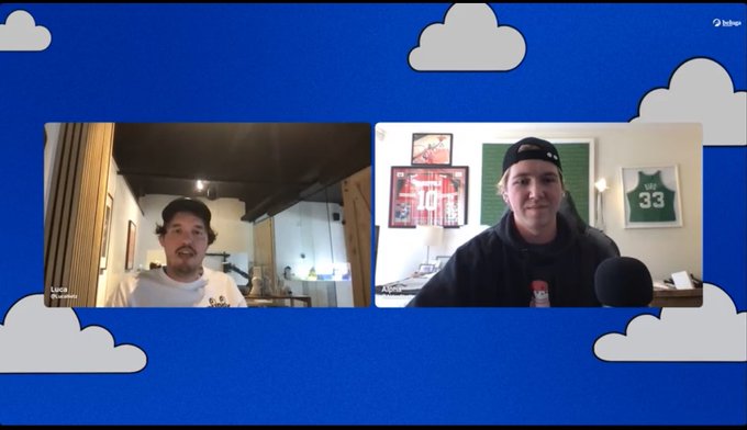 The image shows two men talking over a video call with their faces displayed on a computer screen. The background of the image features clouds against a blue sky, creating an interesting visual contrast. The caption below the image provides information about abstract airdrops and the importance of focusing on long-term value rather than quick exit liquidity in the cryptocurrency market.