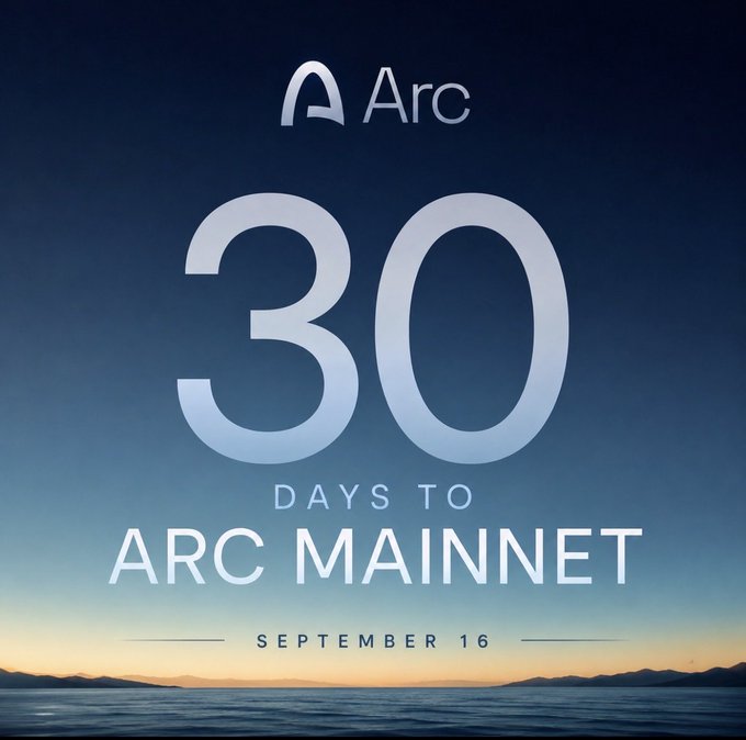 A promotional graphic for Arc displaying '30 DAYS TO ARC MAINNET' with a launch date of September 16, set against a scenic dusk ocean backdrop.