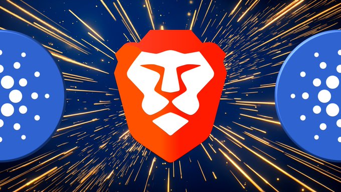 The image features the orange Brave browser lion logo prominently in the center, flanked by two blue Cardano (ADA) logos against a dynamic background of radiating golden light streaks, visually symbolizing the improved integration between the Brave browser and the Cardano dApp ecosystem.