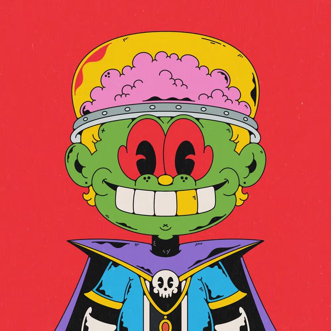 A colorful cartoon illustration of a green-skinned zombie-like character with red eyes, a large toothy grin, and a brain visible under a transparent skull cap, wearing a blue outfit with a skull emblem on a red background.