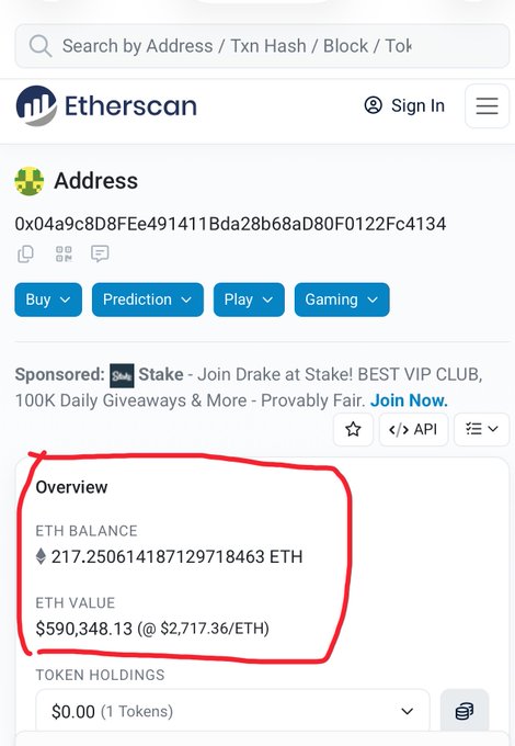 A screenshot of an Etherscan address page showing an ETH balance of 217.250614187129718463 ETH (approximately $590,348.13 at $2,717.36/ETH), highlighted with a red circle.