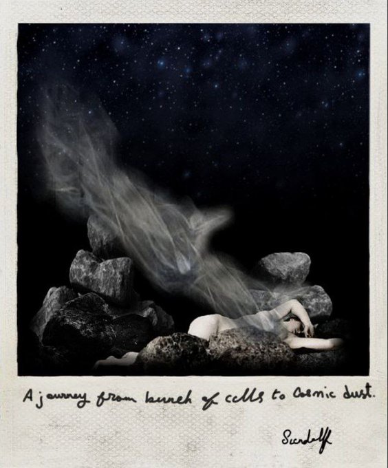 The user wants a concise caption describing the image.
I need to look at the visual content:
- A person (nude figure) lying on rocks.
- A starry night sky in the background.
- A wispy, smoke-like or energy-like trail rising from the figure's head/upper body into the sky.
- Text at the bottom: "A journey from lauren of cells to cosmic dust." (Note: "lauren" seems like a typo for "lumen" or "lair" or "lump", but I should transcribe what is visible or interpret it carefully. Looking closely, it looks like "lauren" or "lumen". Let's look really closely. It looks like "lauren" or "lumen". Actually, looking at the context "cells to cosmic dust", "lumen" makes sense scientifically (light), but the handwriting looks like "lauren". Wait, let me re-examine. It looks like