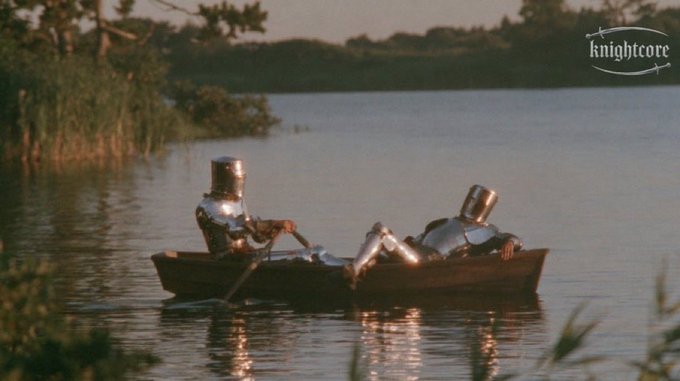 Two knights in armor sit in a small wooden rowboat on a calm lake at dusk, with one holding oars; the word "knightcore" appears in the upper right corner.